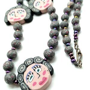 Wood Cartoon Face Beaded Necklace